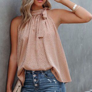 Pink Sleeveless Tie Mock Neck Leopard Tank Top  Size L